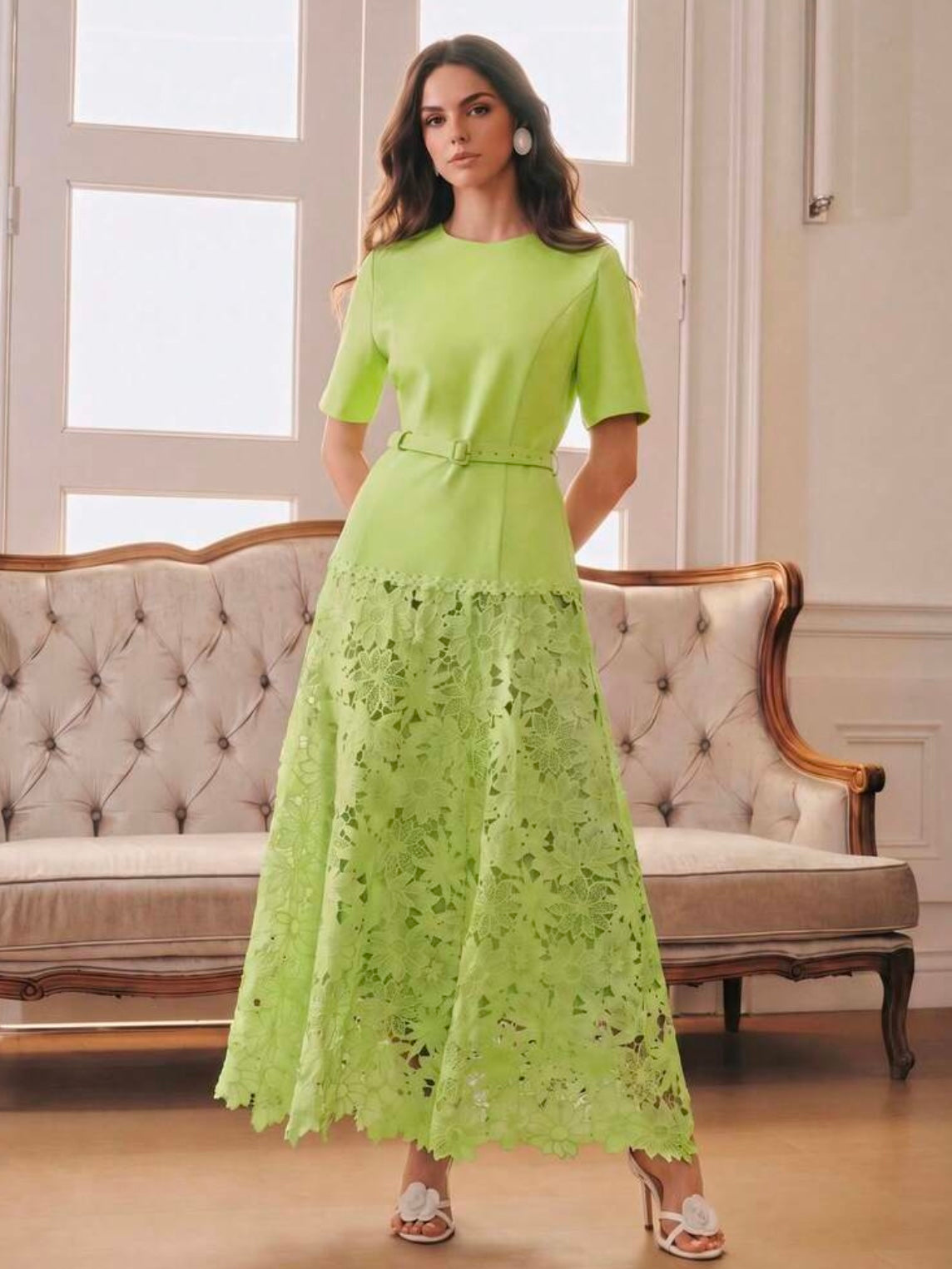 CM-DS406854 Women Elegant Seoul Style Round Neck Short Sleeve Water-Soluble Lace Patchwork A-Line Dress - Green