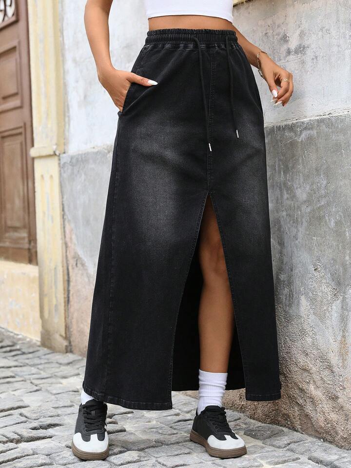 CM-BS177358 Women Casual Seoul Style Tie Front Slit Elastic Waist Maxi Denim Skirt - Black