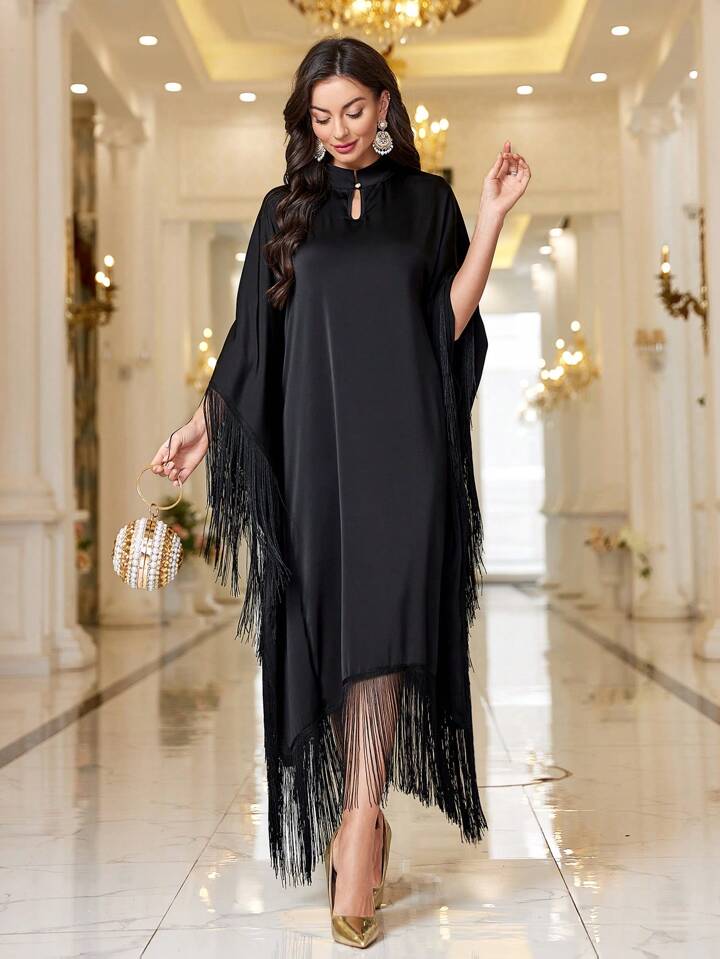 CM-DS970154 Women Elegant Seoul Style Keyhole Neckline Tassel Decor Loose Fit Dress - Black