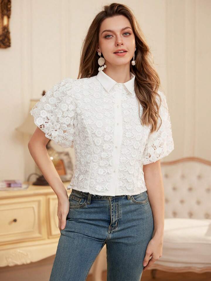 CM-TS827059 Women Elegant Seoul Style Embroidered Pearl Button Sheer Puff Sleeve Crop Shirt
