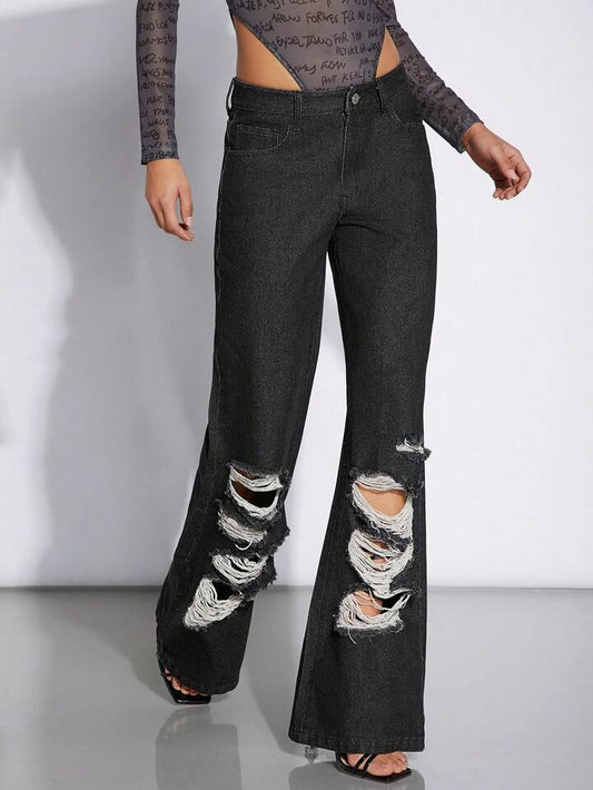 CM-BS180086 Women Casual Seoul Style Slant Pocket Distressed Flare Leg Jeans - Black