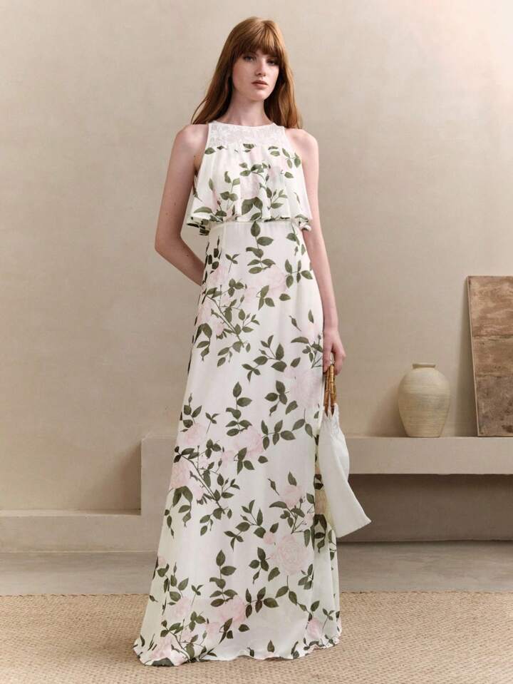 CM-DS131104 Women Elegant Seoul Style Floral Print Crew Neck Waist Cinching Lace Patchwork Ruffle Maxi Dress