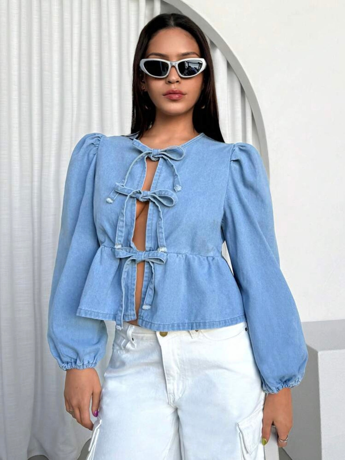 CM-TS323902 Women Casual Seoul Style Front Tie Ruffle Detail Long Sleeve Denim Blouse