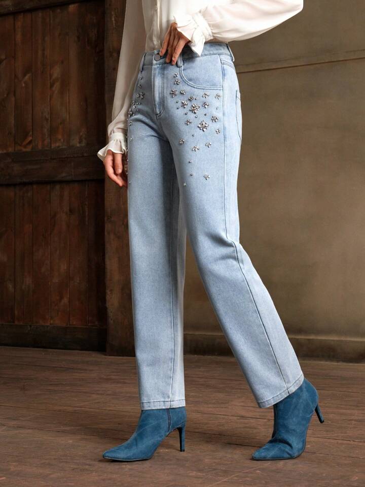 CM-BS637360 Women Casual Seoujl Style Light Wash Rhinestone Pockets Straight Leg Jeans