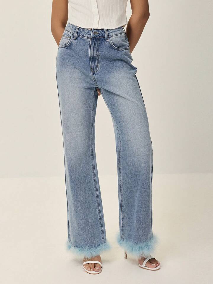 CM-BS588115 Women Casual Seoul Style Medium Wash Fluffy Patchwork Loose Flare Leg Jeans