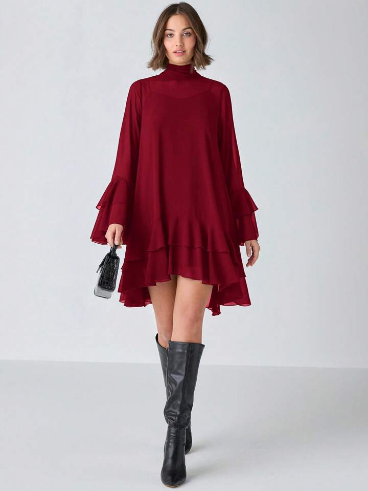 CM-DS336996 Women Elegant Seoul Style Solid Stand Collar Long Sleeve High Waist A-Line Dress - Burgundy