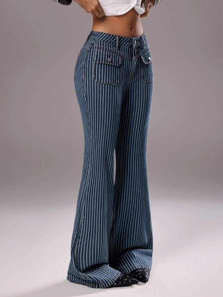 CM-BS658582 Women Casual Seoul Style Medium Wash Striped Patch Pocket Low Waist Flare Jeans