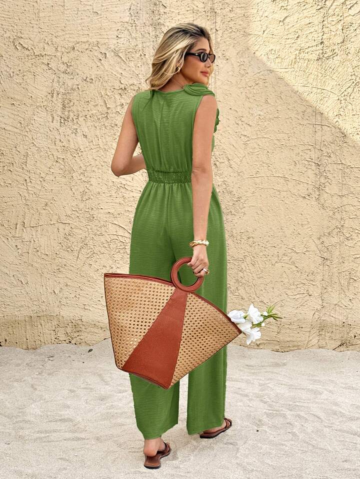 CM-JS623438 Women Trendy Bohemian Style Linen 3D Floral Decor V-Neck Sleeveless Wide Leg Jumpsuit - Green