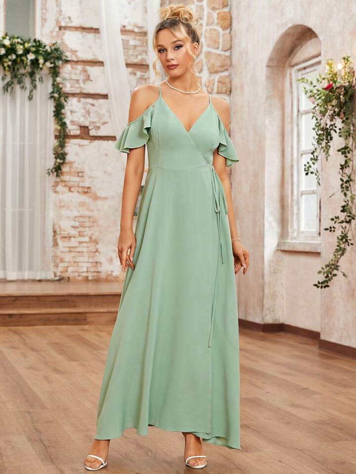 CM-DS684880 Women Elegant Seoul Style Off-Shoulder Wrap Front Knotted Dress - Green