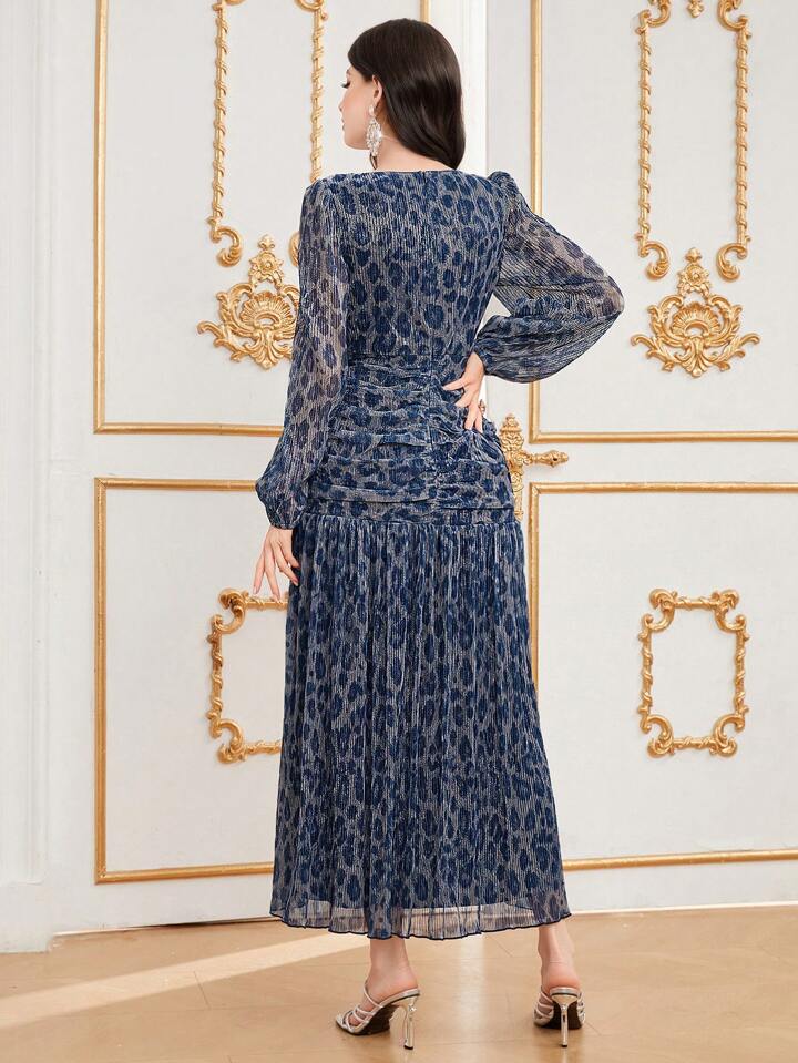 CM-DS161699 Women Elegant Seoul Style V-Neck Print Pleated Ruffle Hem Dress - Navy Blue