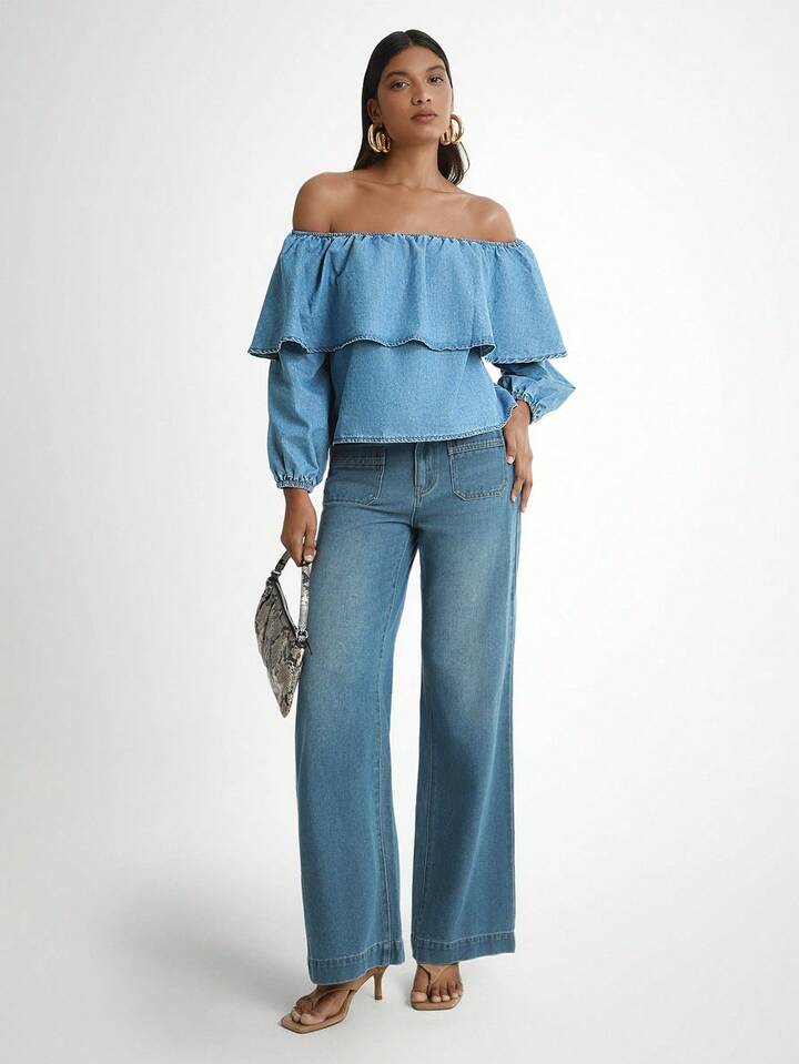 CM-TS834727 Women Trendy Bohemian Style Medium Wash Off Shoulder Lantern Sleeve Denim Blouse