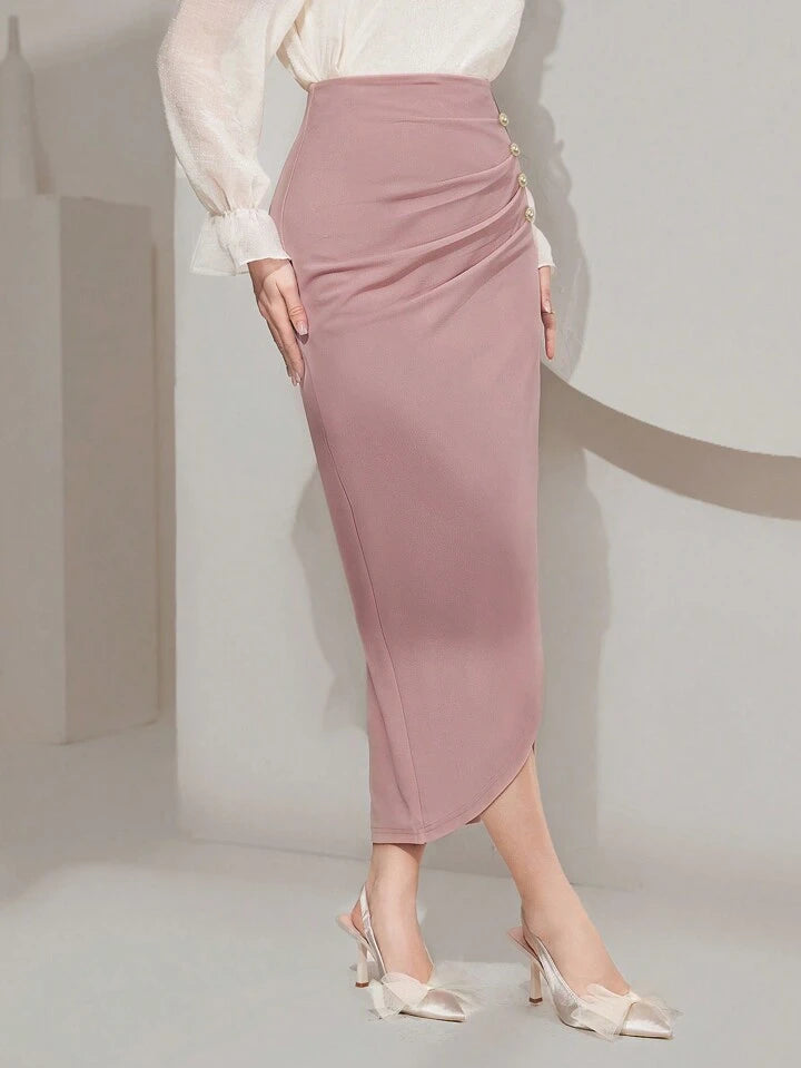 CM-BS328857 Women Elegant Seoul Style Wrap Ruched Asymmetrical Long Skirt - Pink