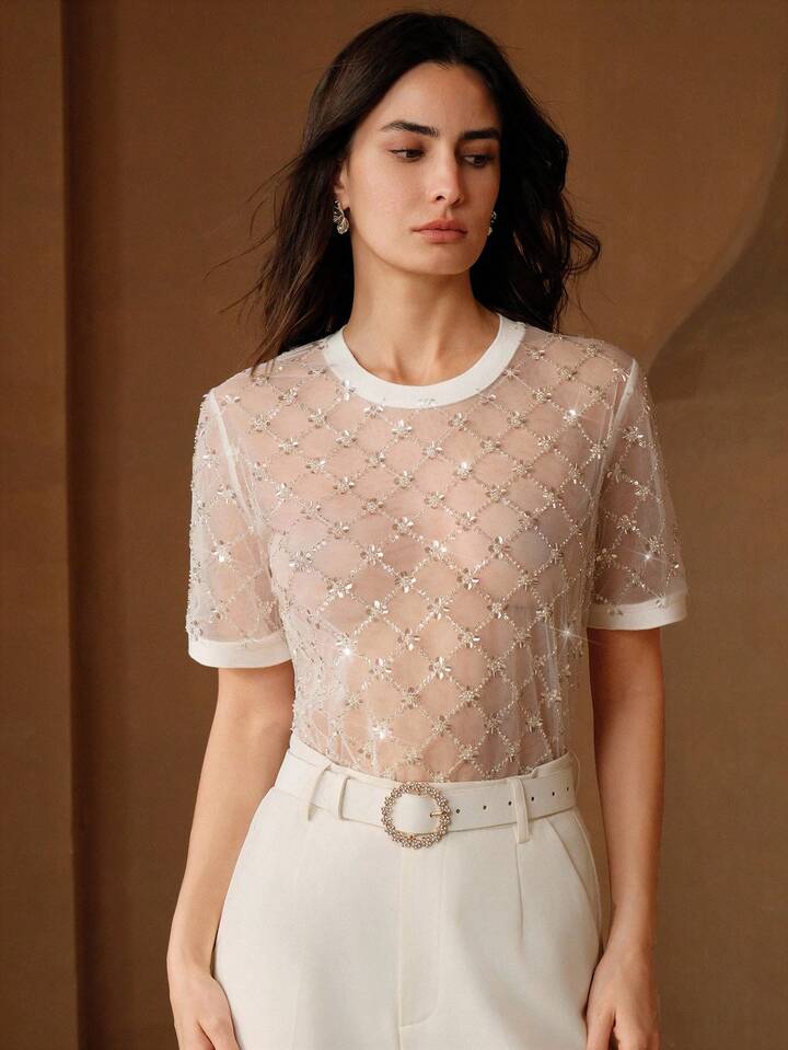 CM-TS032628 Women Elegant Seoul Style Floral Sequin Beaded Sheer Mesh Round Neck Short Sleeve Blouse