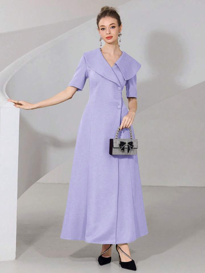 CM-DS792589 Women Elegant Seoul Style Solid Color V-Neck Short Sleeve Front Button Long Dress - Purple