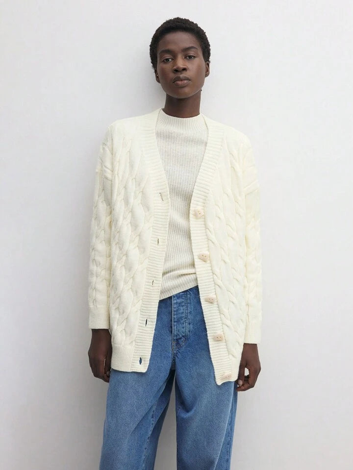 CM-CS755520 Women Casual Seoul Style V-Neck Drop Shoulder Long Sleeve Thermal Lined Cardigan Sweater