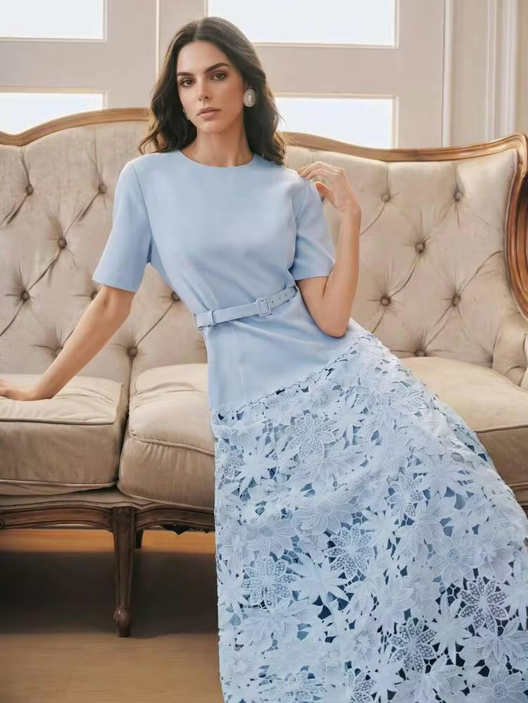 CM-DS750591 Women Elegant Seoul Style Round Neck Short Sleeve Water-Soluble Lace Patchwork A-Line Dress - Blue