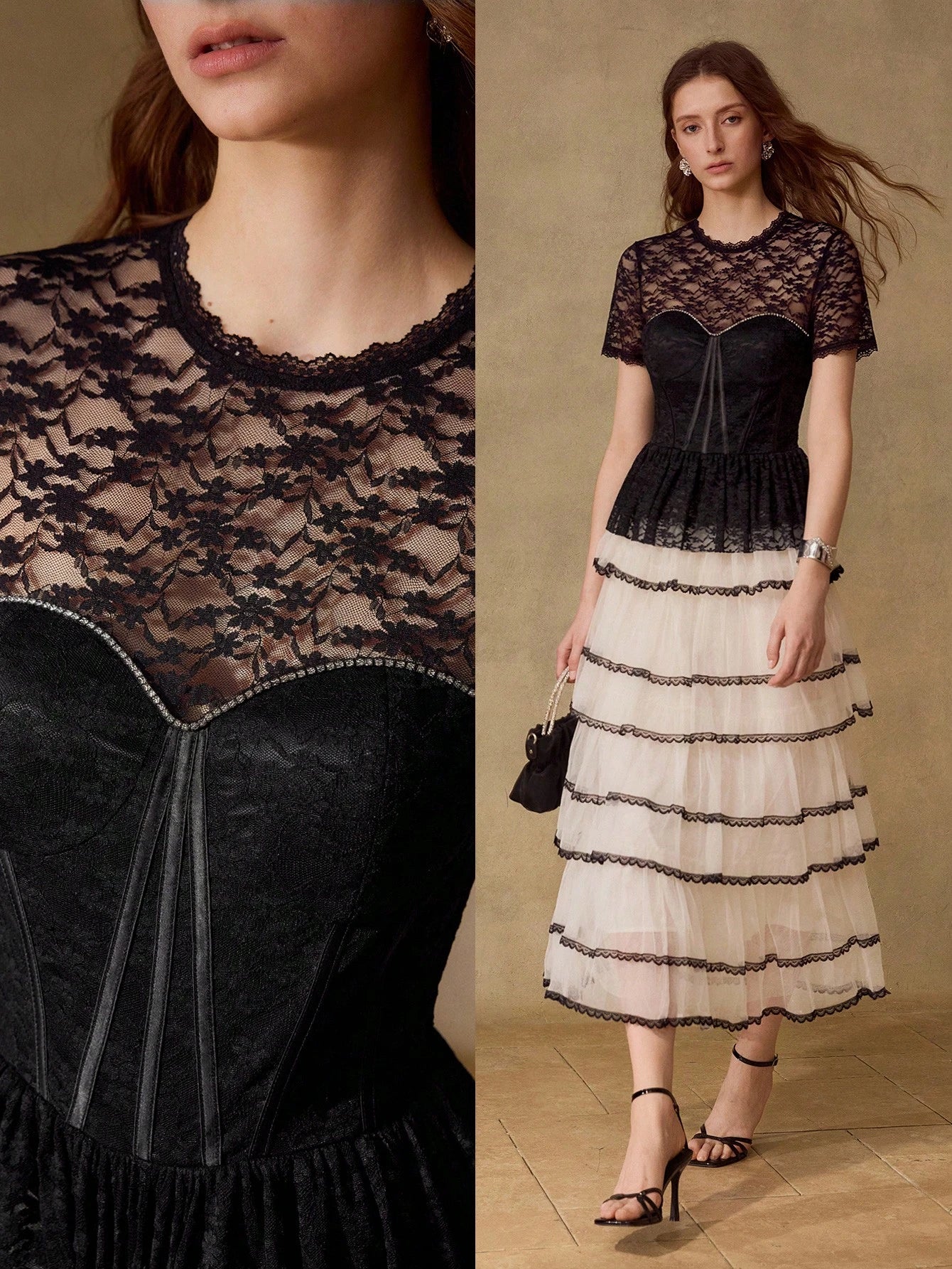 CM-TS220131 Women Elegant Seoul Style Round Neck Short Sleeve Sheer Lace Waist-Cinched Ruffle Hem Top - Black