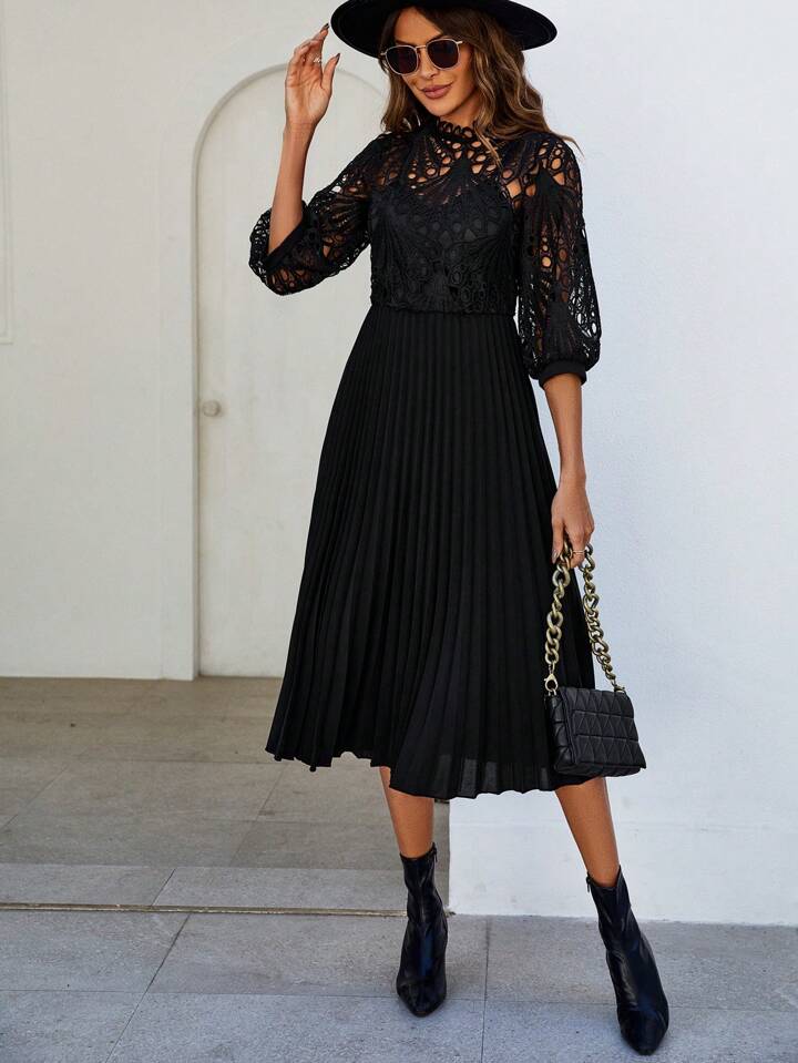 CM-DS634518 Women Trendy Bohemian Style Patchwork Corded Lace Pleated Hem Dress - Black