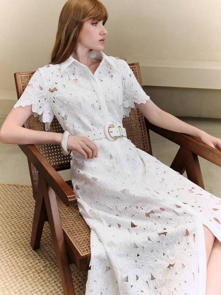 CM-DS577050 Women Trendy Bohemian Style Lace Hollow-Out Embroidered Floral Short Sleeve Open-Front Maxi Dress