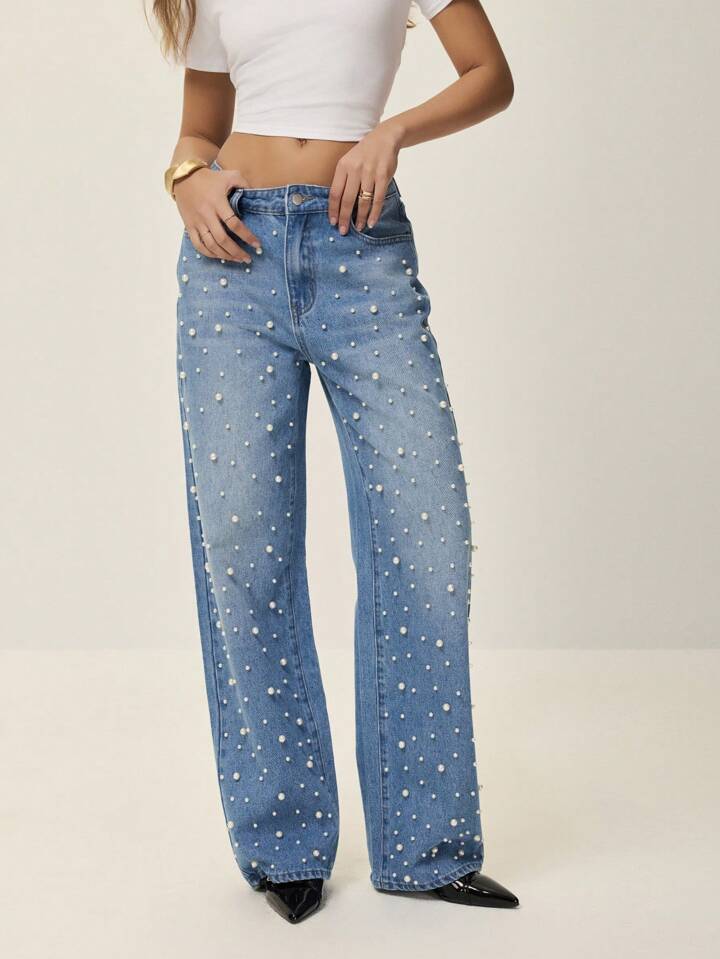 CM-BS821619 Women Elegant Seoul Style Light Wash Pearl Decor Striaght Leg Extra Long Jeans