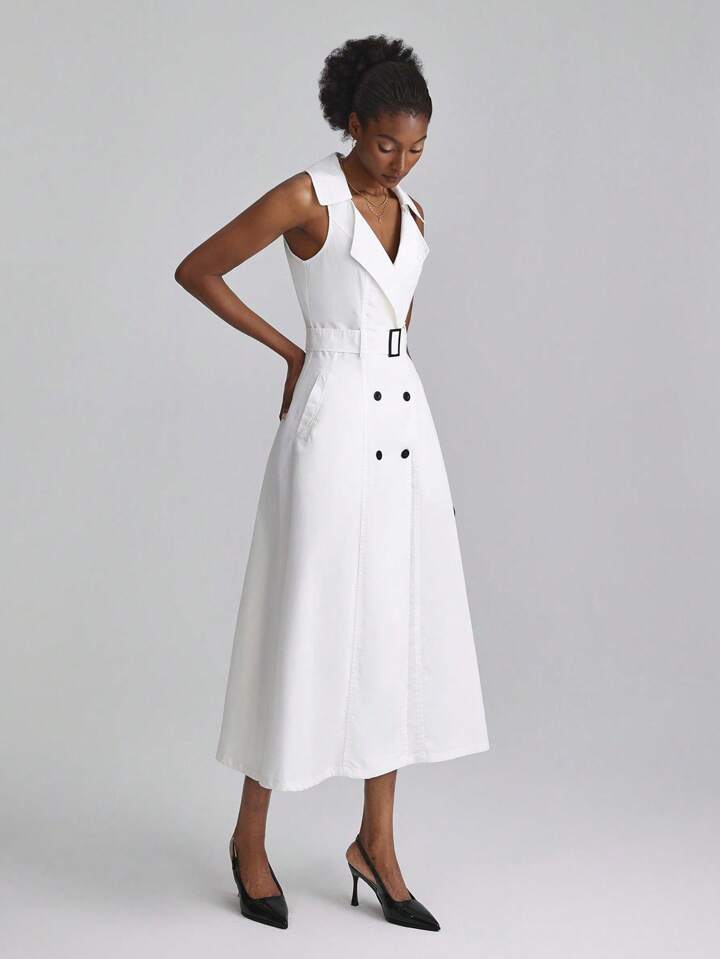 CM-DS483954 Women Elegant Seoul Style Lapel Neckline Double-Breasted Sleeveless Denim Dress