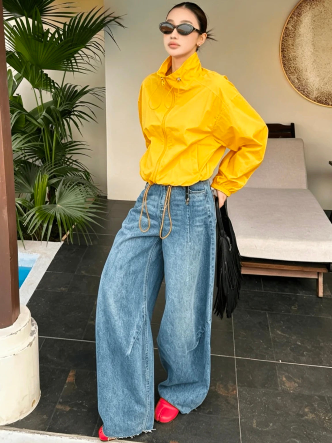 CM-CS765244 Women Casual Seoul Style Drawstring Collar Loose Fit Short Lightweight Jacket - Yellow