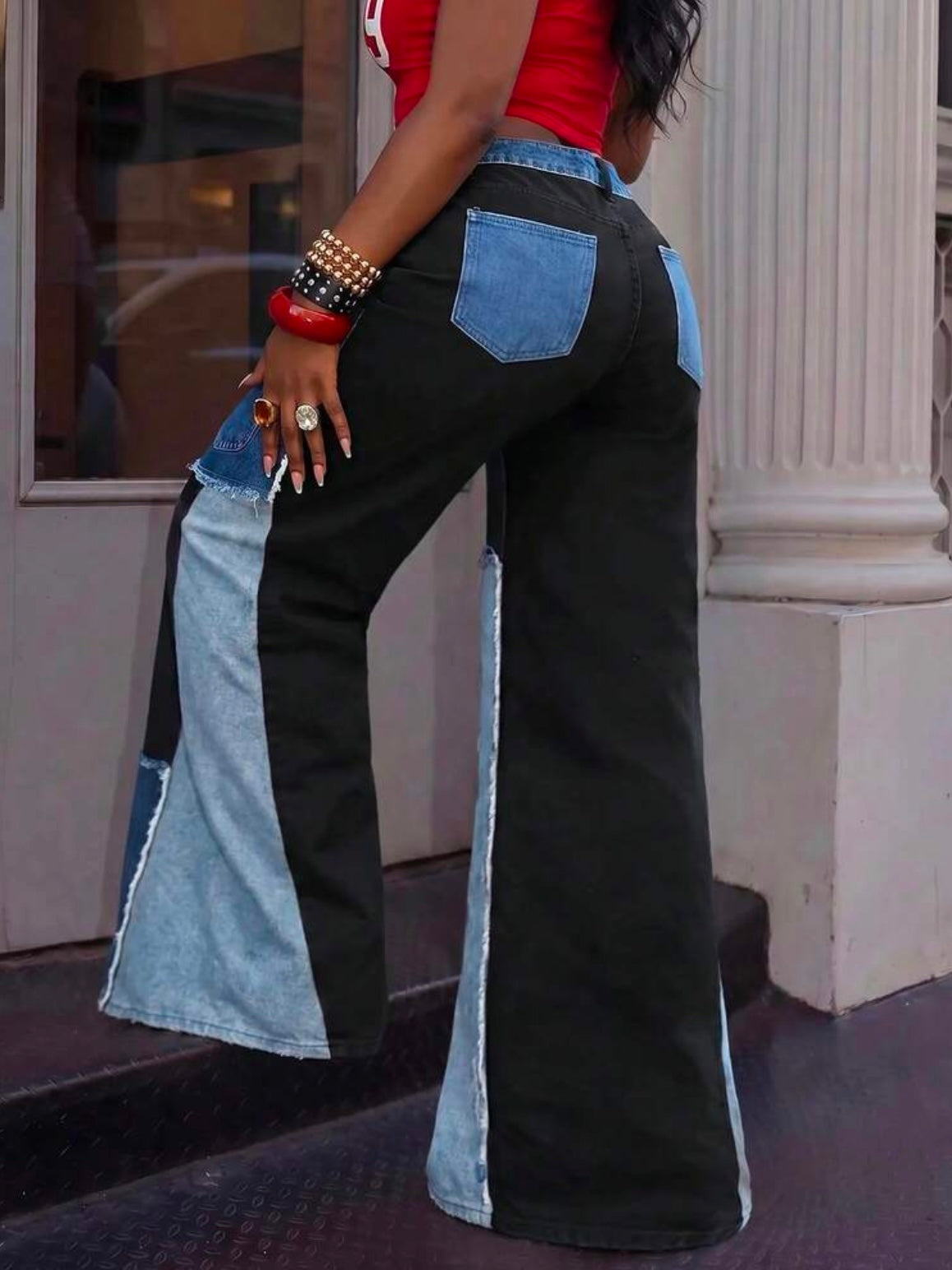CM-BS132195 Women Casual Seoul Style Patchwork Low Waist Extra Long Wide Leg Denim Pants
