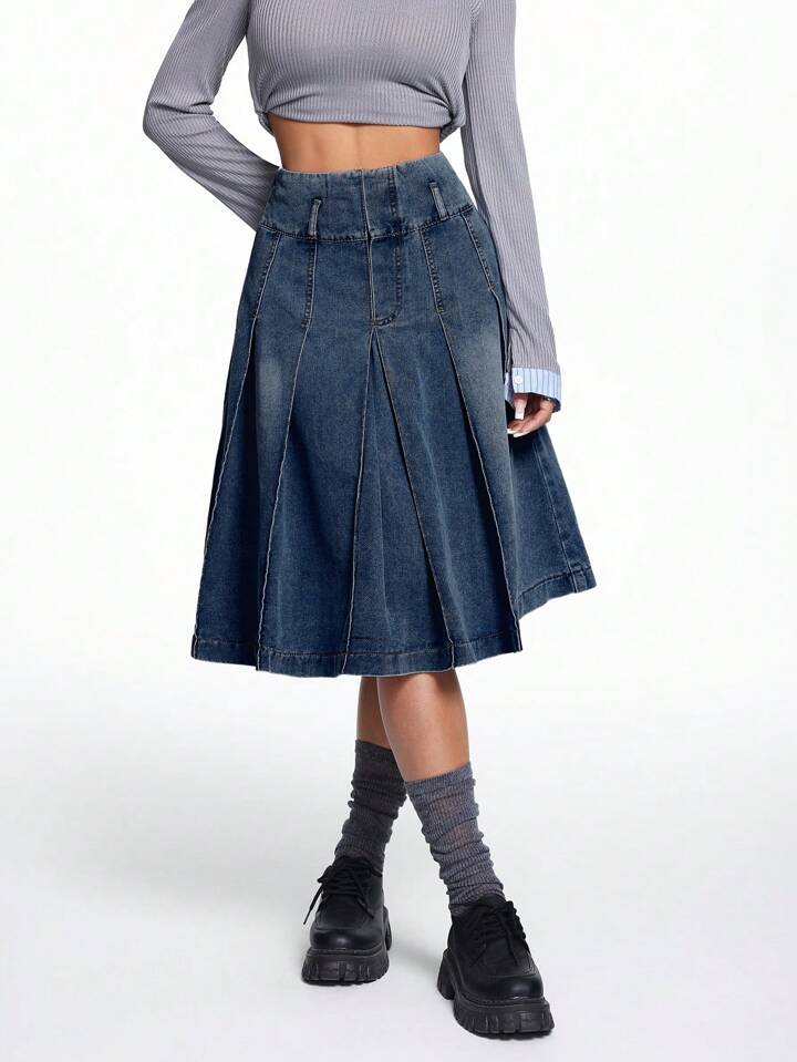 CM-BS434184 Women Casual Seoul Style Dark Wash Knee Length Denim A-Line Pleated Skirt