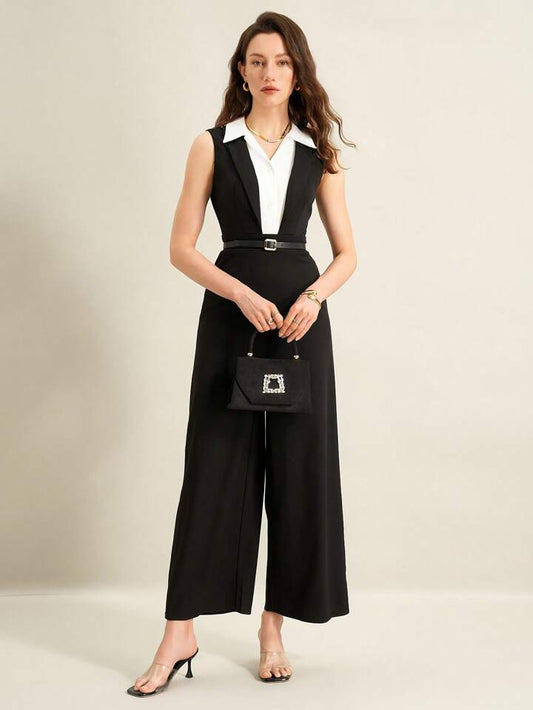 CM-JS535253 Women Elegant Seoul Style Colorblock Lapel Neckline Sleeveless Wide Leg Jumpsuit