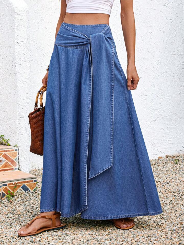 CM-BS618740 Women Trendy Bohemian Style Medium Wash High Waist Knot Maxi Denim Skirt