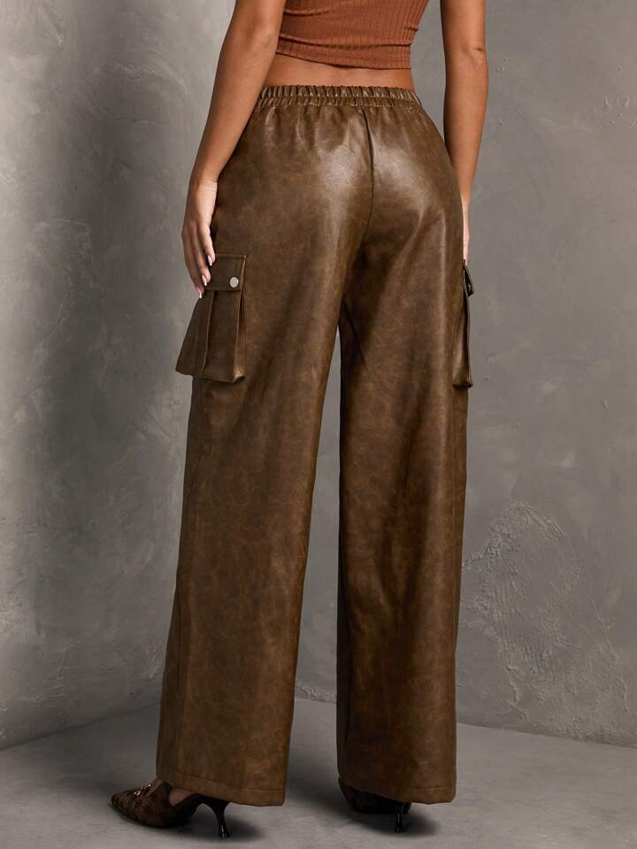 CM-BS533264 Women Elegant Seoul Style Elastic Waist PU Leather Wide Leg Loose Pants - Brown