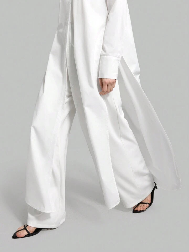 CM-TS859922 Women Casual Seoul Style Shirt Collar Long Sleeve Front Button High Slit Long Shirt - White