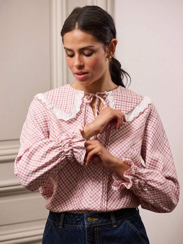 CM-TS124165 Women Casual Seoul Style Lace-Trimmed Peter Pan Collar Ruched Long Sleeve Gingham Blouse - Pink