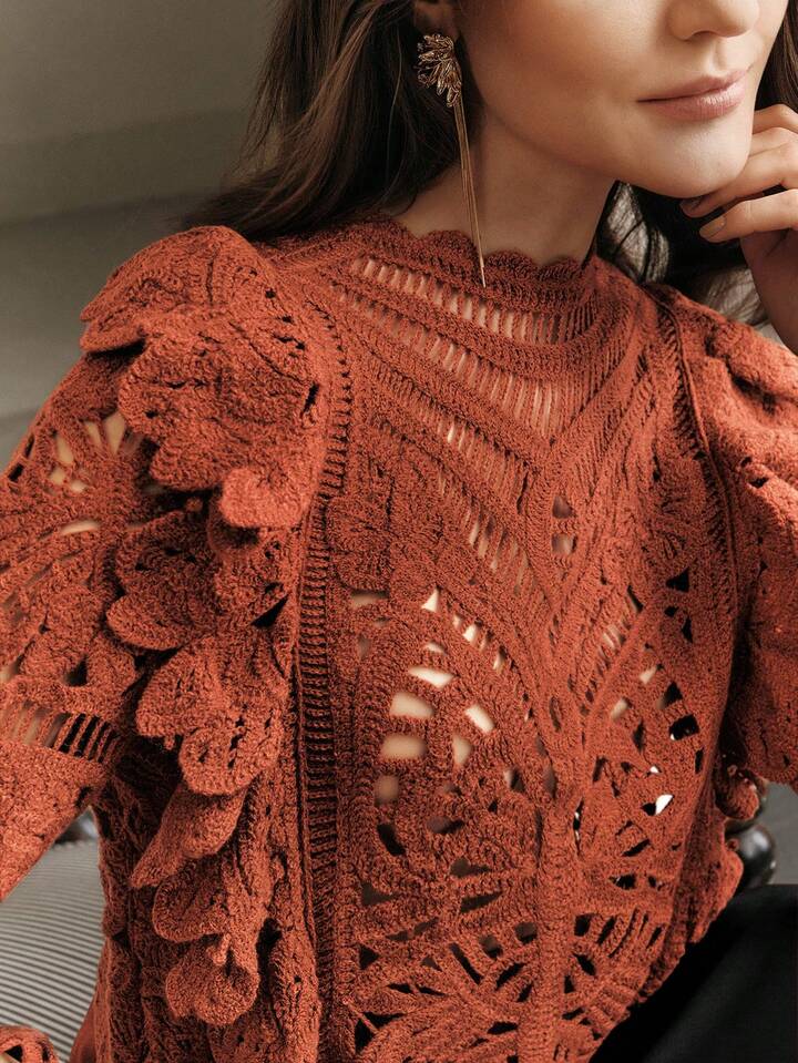 CM-TS490712 Women Casual Seoul Style Symmetrical Floral Pattern Cropped Ruffled Hem Knit Top - Rust Brown
