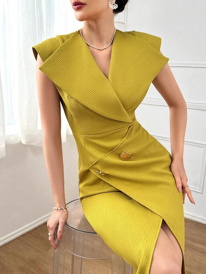 CM-DS491522 Women Elegant Seoul Style Solid Color V-Neck Cap Sleeve Slim Fit Long Dress - Mustard Yellow