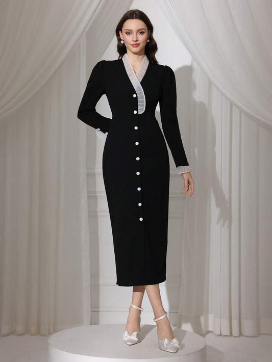CM-DS799859 Women Elegant Seoul Style V-Neck Puff Sleeve Colorblock Long Bodycon Dress - Black