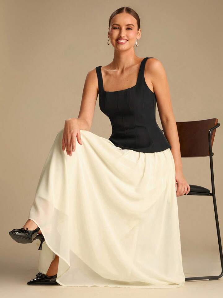 CM-DS532497 Women Elegant Seoul Style Color Block Square Neck Sleeveless Mid Waist Maxi Dress