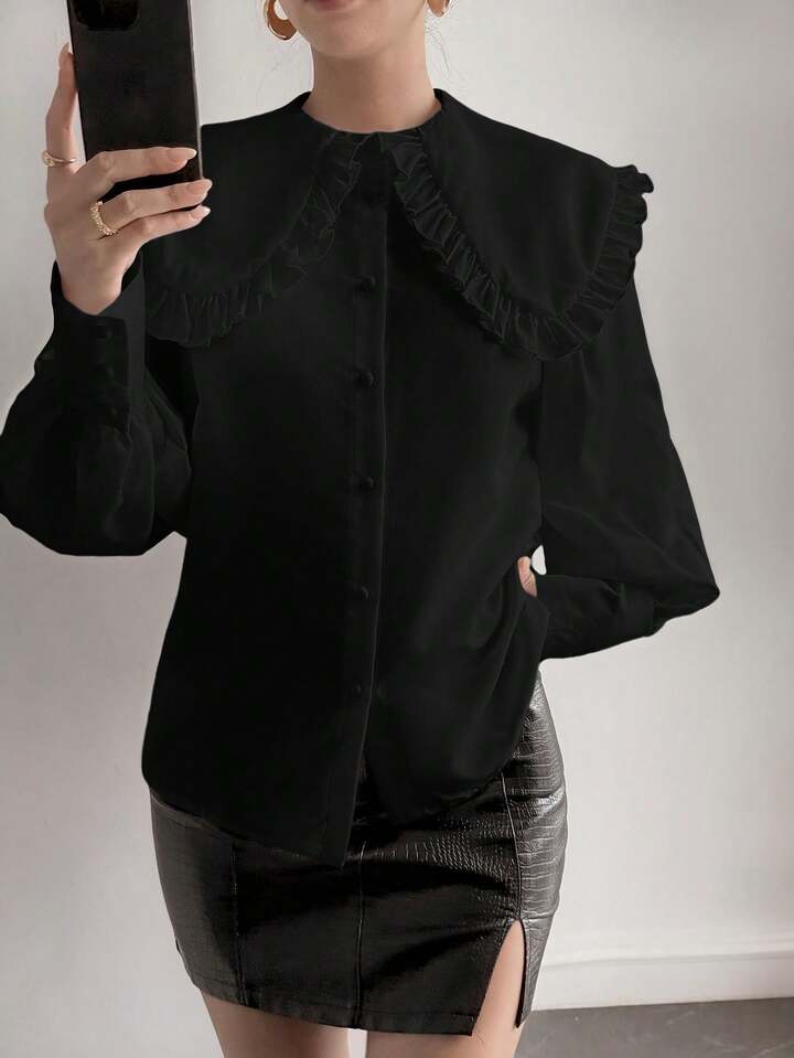 CM-TS789662 Women Elegant Seoul Style Solid Color Peter Pan Collar Bishop Sleeve Ruffle Detail Long Sleeve Blouse