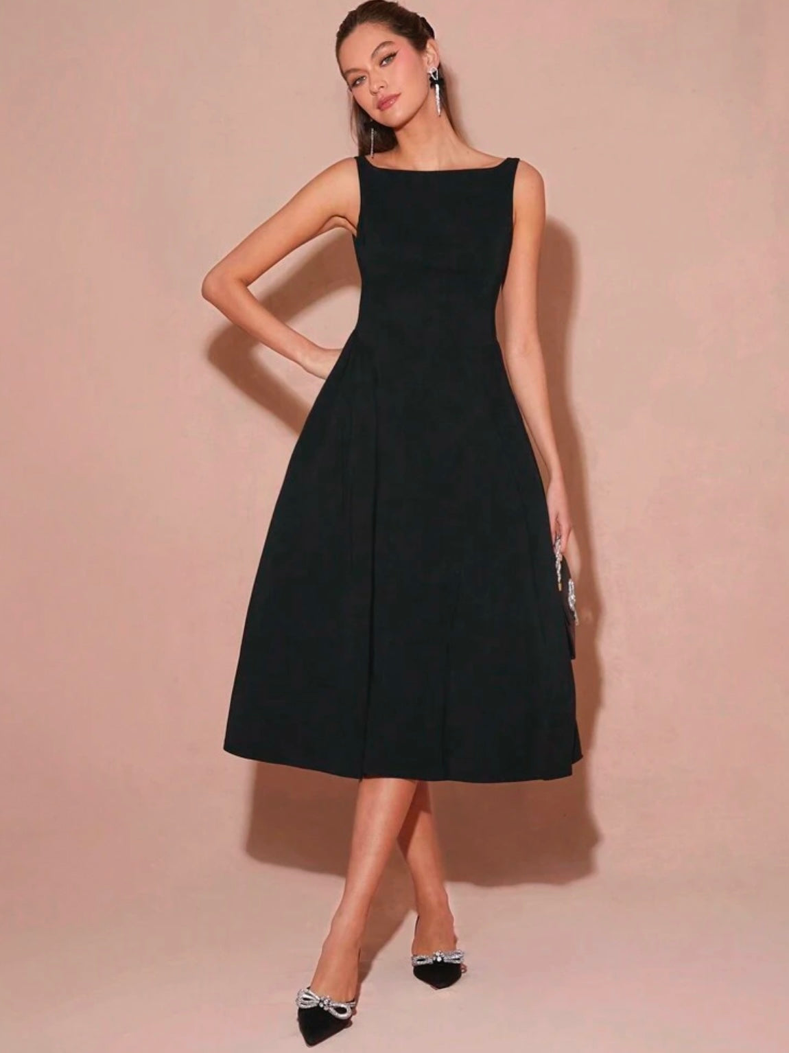 CM-DS132233 Women Elegant Seoul Style Boat Neck Sleeveless Backless A-Line Long Dress - Black