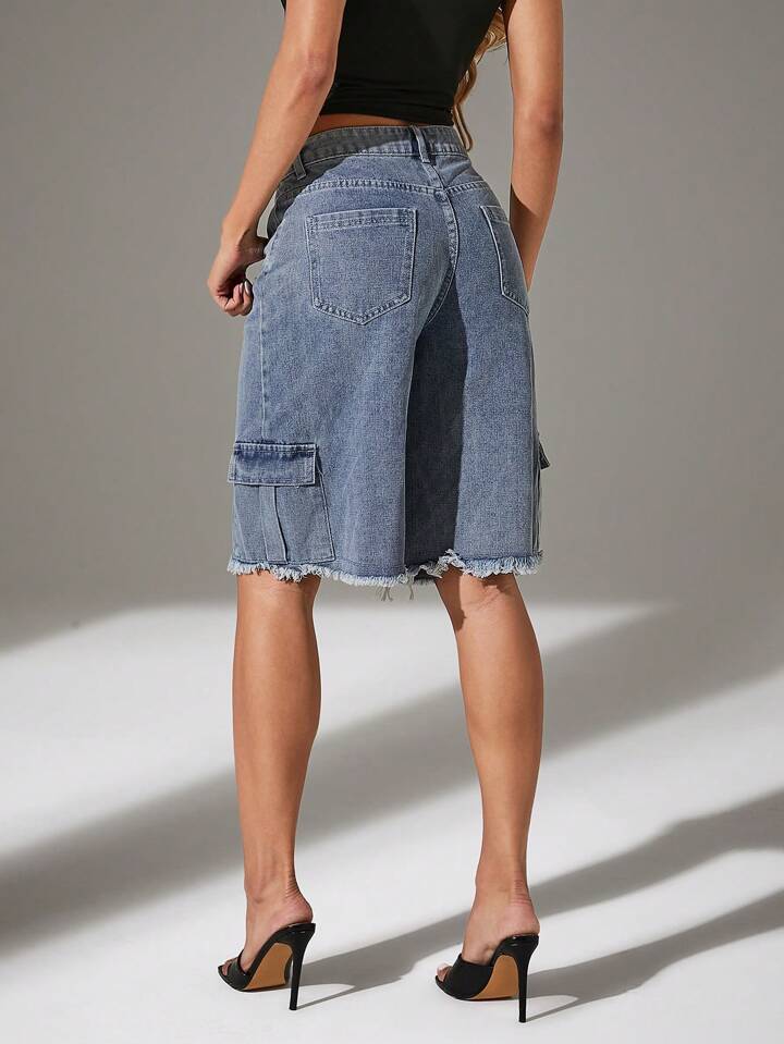 CM-BS581811 Women Casual Seoul Style Light Wash Fray Hem Cargo Pocket Low Waist Denim Shorts