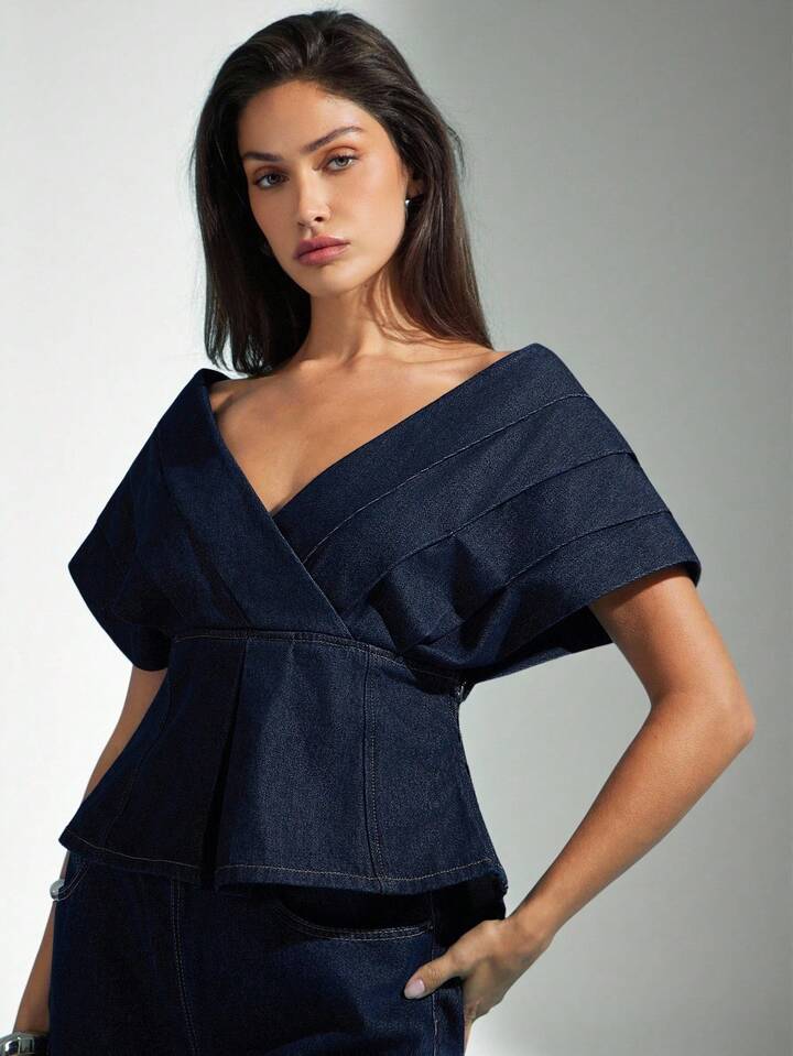 CM-TS395568 Women Elegant Seoul Style Dark Wash V-Neck Batwing Sleeve Pleated Off Shoulder Denim Top