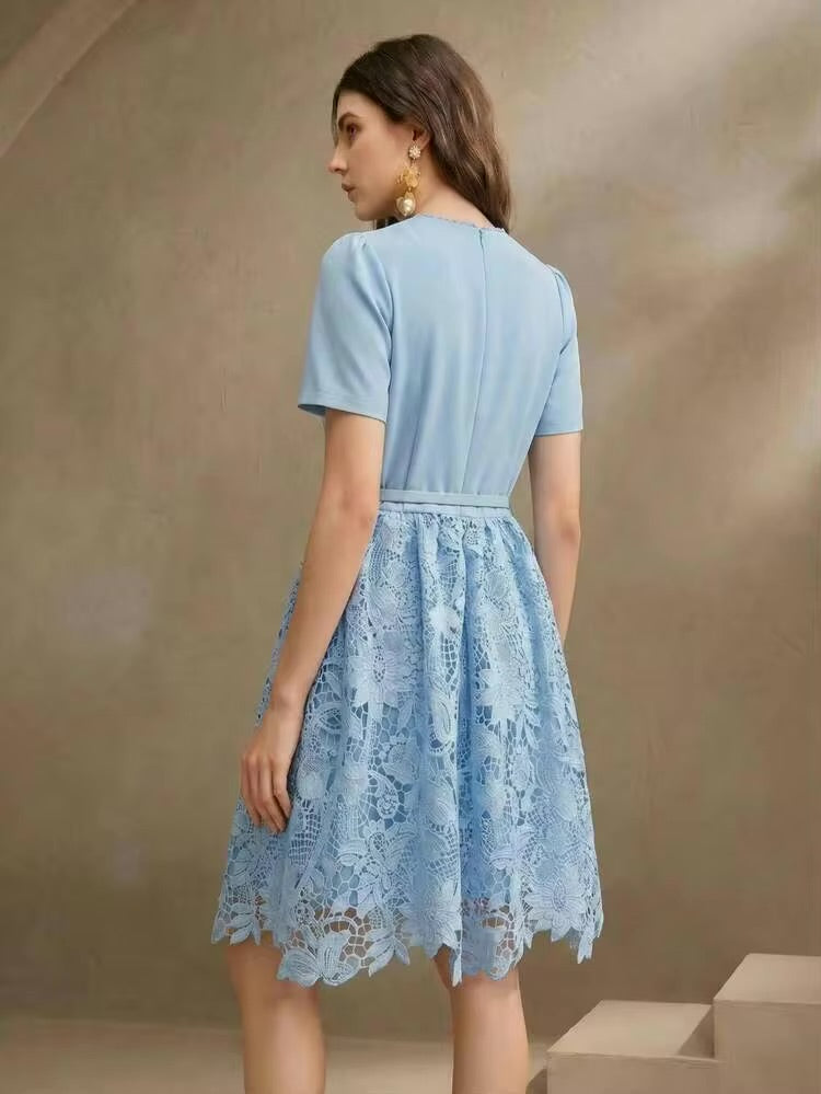 CM-DS467791 Women Elegant Seoul Style Round Neck Short Sleeve Lace Patchwork Mini Dress - Blue