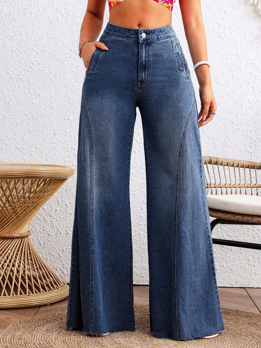 CM-BS585435 Women Casual Seoul Style Dark Wash Loose Button Zipper Mom Fit Wide Leg Denim Pants