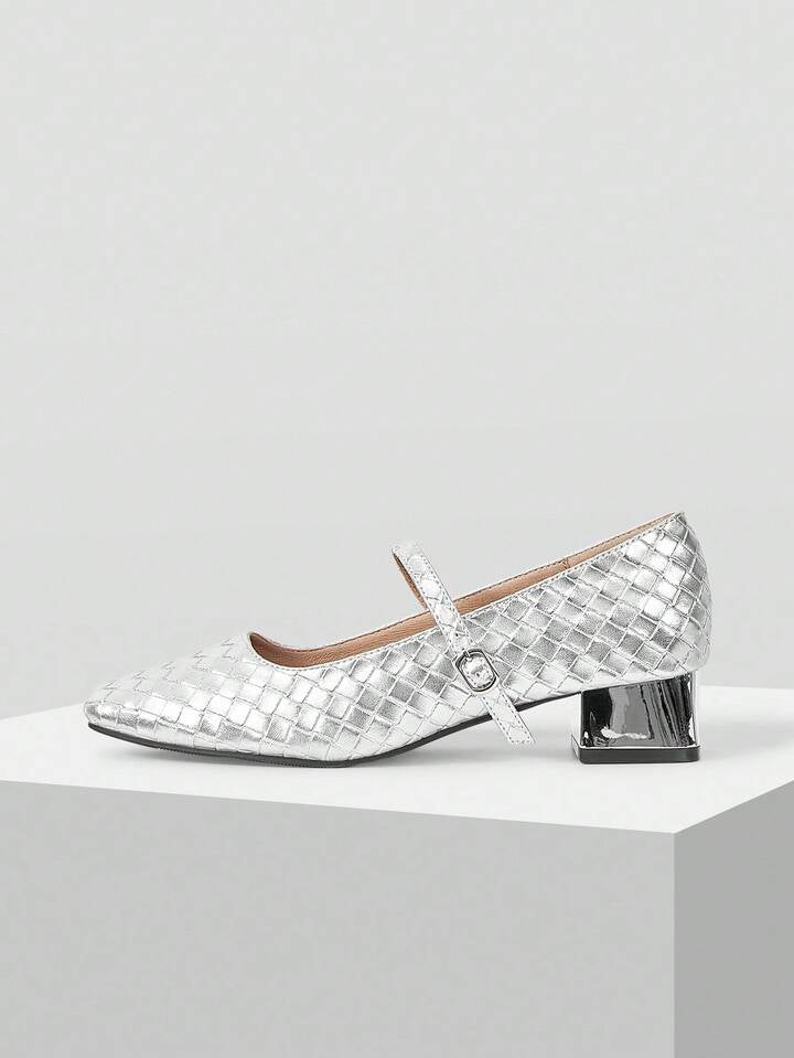 CM-SHS257616 Women Trendy Seoul Style Buckle Strap Back Cover Plaid Square Toe Sandals - Silver