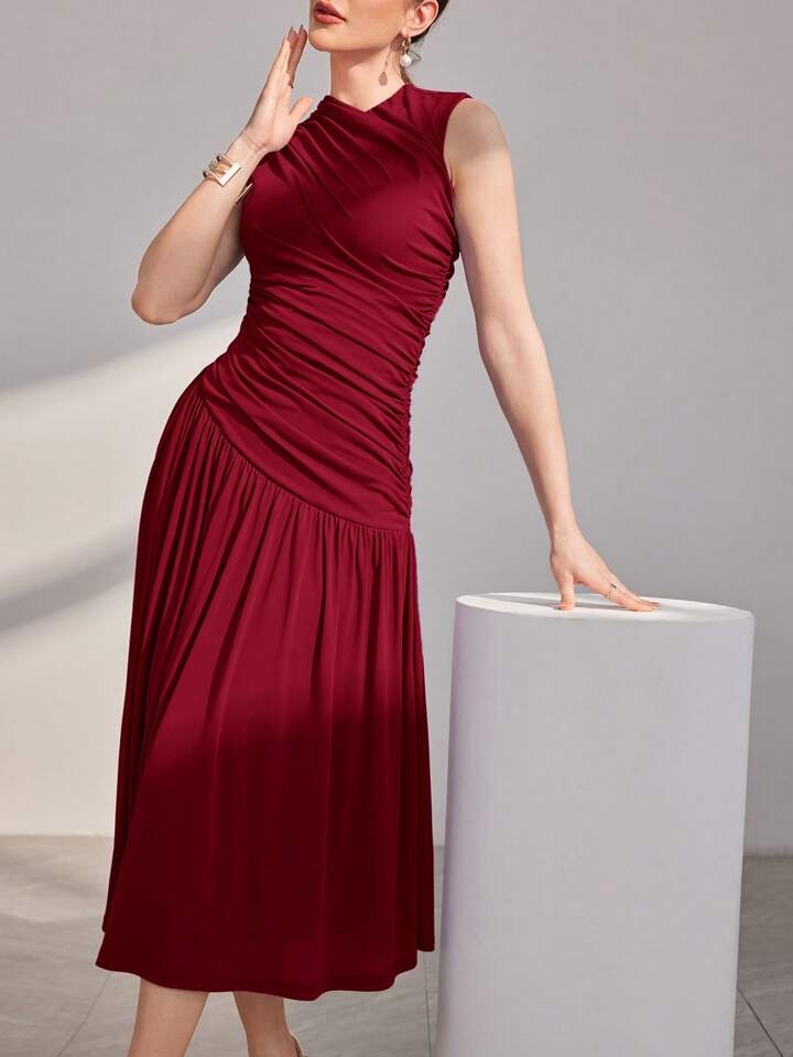 CM-DS858894 Women Elegant Seoul Style Stand Collar Pleated Sleeveless Dress - Burgundy