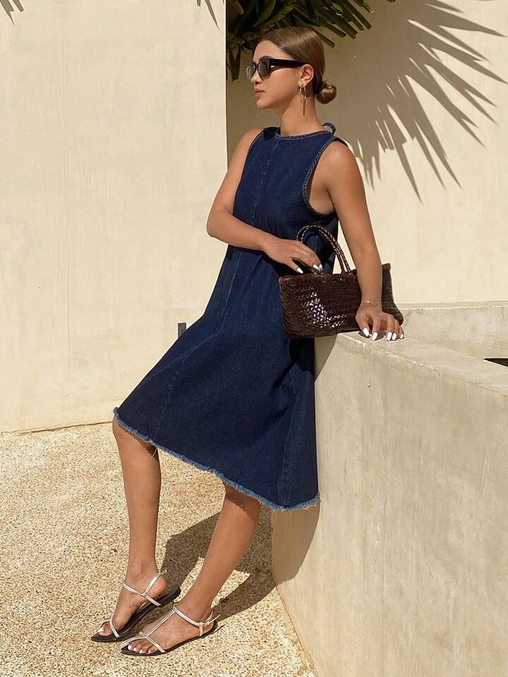 CM-DS784537 Women Casual Seoul Style Medium Wash Backless Drawstring Tie-Up Hollow Denim Dress