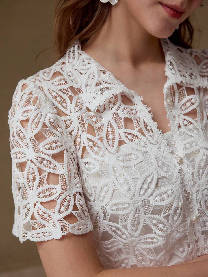 CM-TS409021 Women Elegant Seoul Style Collar Neckline Short Sleeve Sheer Guipure Lace Blouse - White