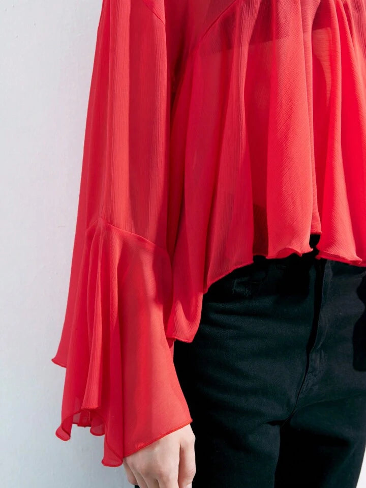 CM-TS115361 Women Trendy Bohemian Style Round Neck Long Sleeve Asymmetrical Mesh Shirt - Red