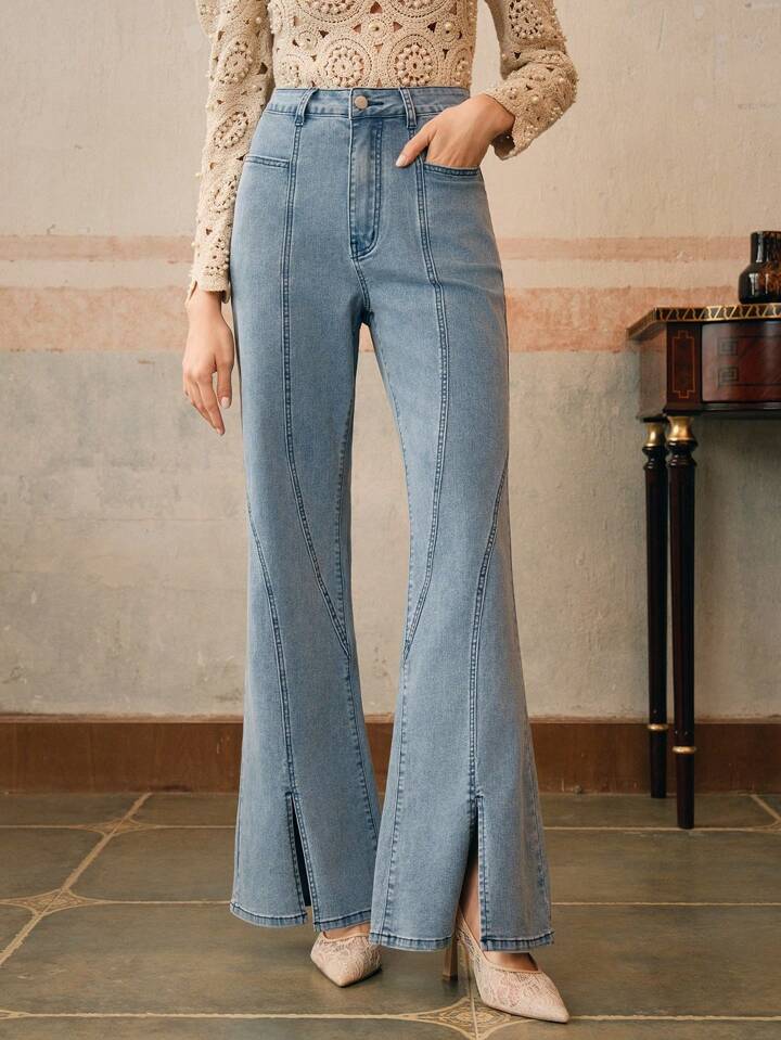 CM-BS068890 Women Casual Seoul Style Bell Bottom High Waist Flare Leg Jeans - Blue
