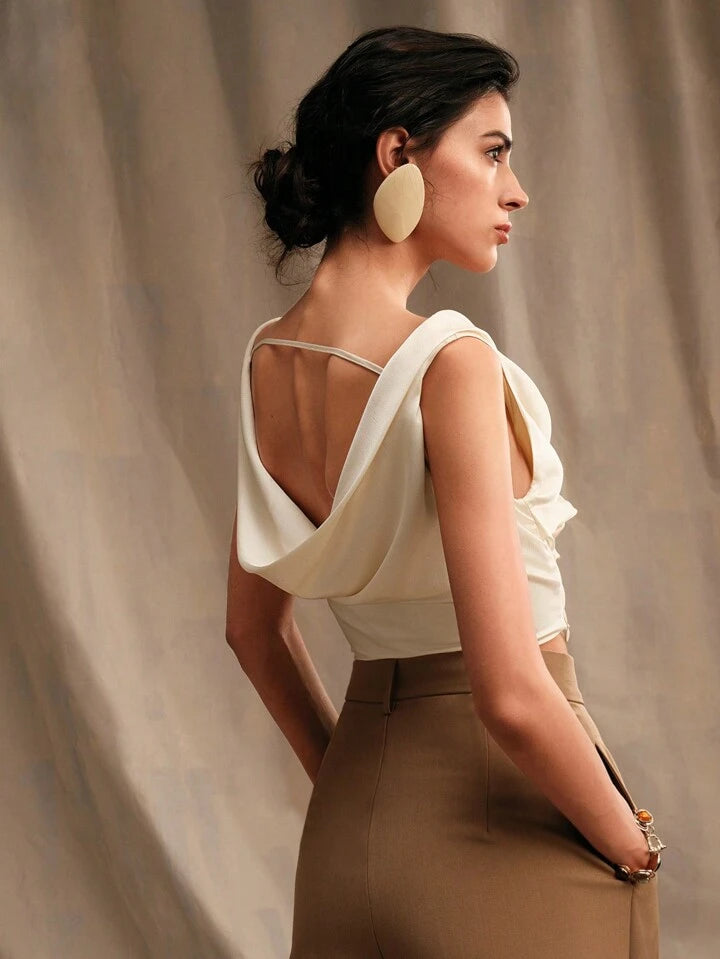 CM-TS599049 Women Casual Seoul Style Solid Color Drop Neck Sleeveless Shirt - Beige